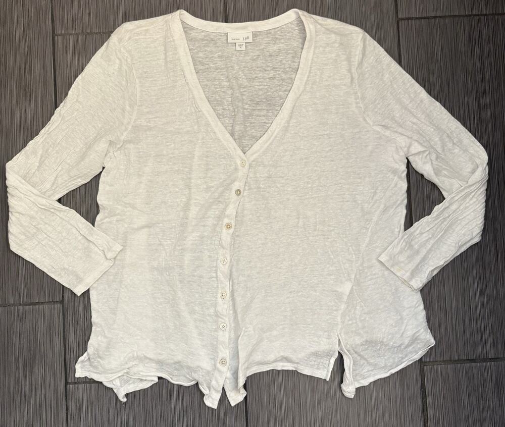 J Jill V-Neck Linen Cardigan Sweater Size XL White Asymmetric Lightweight